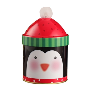 Christmas penguin tin candy storage jar with lid and plush ball for holiday gift packaging