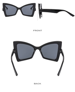 Detailed front and back views of butterfly cat-eye sunglasses with black frames and grey lenses
