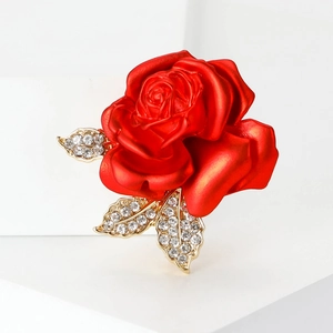 Red Rose Brooch Pin Alloy Enamel Flower With Rhinestone Golden Leaves Elegant Fashion Jewelry For Women