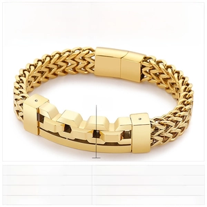 Detailed view of 14mm wide gold stainless steel heavy chain bracelet with dimensions