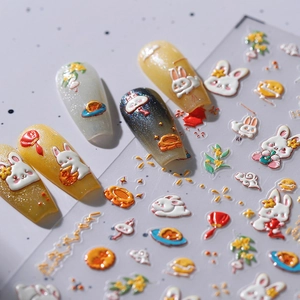 Stickers à ongles 5D lapin avec lanternes chinoises traditionnelles et relief 3D texturé