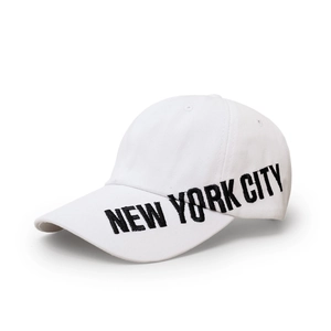 Detail of New York City black embroidery on premium white cotton baseball cap