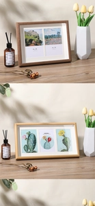 Close-up of minimalist wooden multi-photo frame with white mat and landscape prints