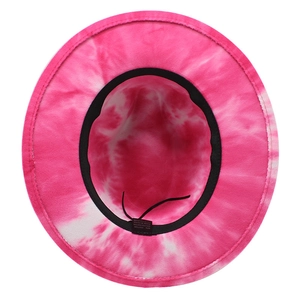 Detail view of pink tie-dye fedora interior with adjustable strap and material tag