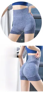 Close-up detail of blue seamless yoga shorts with breathable mesh and marl texture