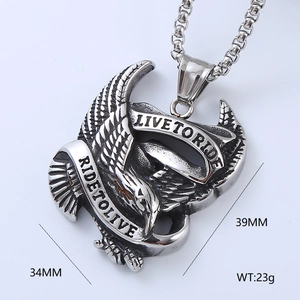 Detail of silver eagle pendant showing Live to Ride engraving and size measurements