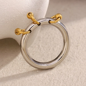 Exquisite stainless steel ring with gold beads and tassel charm on silver band