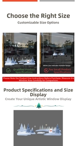 Detail view of snowflake Christmas window stickers showing snowman and tree decals