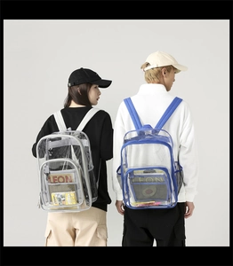 Rear view of transparent PVC backpacks with grey and blue trim featuring mesh pockets