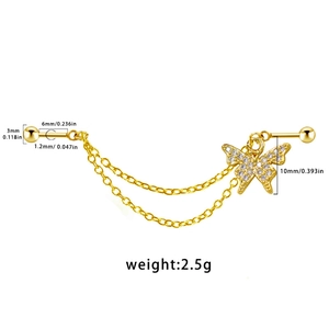 Detailed size specifications for gold butterfly double chain cartilage piercing stud