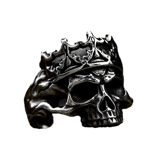 Gothic punk titanium steel skull ring with crown in vintage silver finish for men