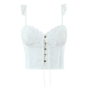White lace camisole for women with heart-shaped buttons and delicate ribbon tie front
