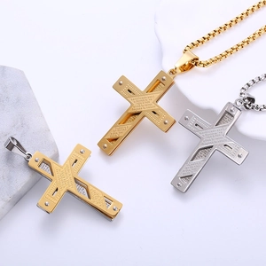 Mens double layer stainless steel cross necklace with engraved Spanish Lord's Prayer