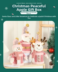 Pink Christmas gift jars with Santa, Snowman, and Reindeer plush toppers for holiday treats