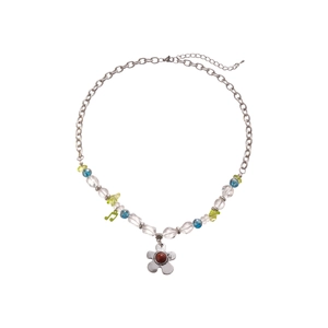 Collier chic en perles de verre irrégulières avec pendentif fleur et note de musique verte