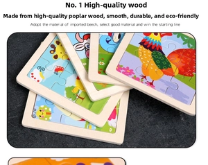 Close-up of durable wooden animal puzzle pieces featuring colorful cartoon illustrations