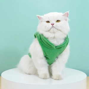 Close-up of green fleece pet vest with detailed piping on a white long-haired cat