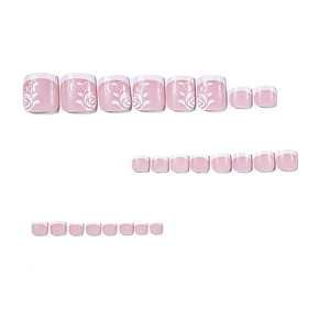 Short square pink french press-on toenails with white rose design and gloss finish