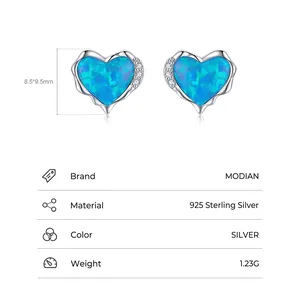 S925 sterling silver heart-shaped blue opal stud earrings with zircon accents