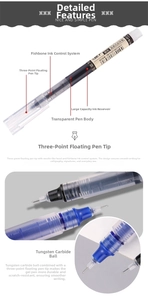 Détail du stylo à encre liquide avec système d'encre visible et pointe en carbure