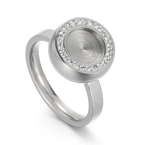 Polished stainless steel DIY ring with round micro-pave zircon setting on white background