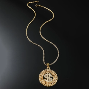 Hip hop gold dollar sign necklace with diamond rotating pendant and rope chain