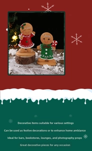 Close-up of resin Christmas gingerbread man figures in red and green outfits on wood base