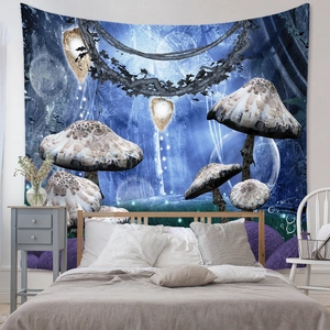 Detail of bohemian mushroom forest tapestry hanging on a bedroom wall as home decor