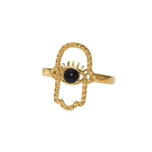 Gold Hamsa Hand ring with evil eye detail in polished 18K gold plated stainless steel