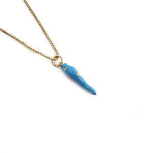 Gold plated chain necklace featuring a blue enamel chili pepper pendant on white background