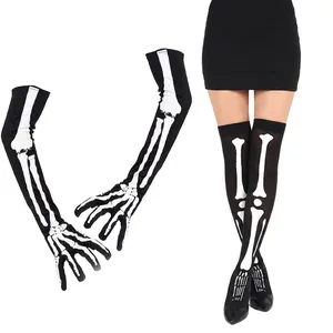 Detail of Halloween costume set featuring bone print long socks and matching gloves