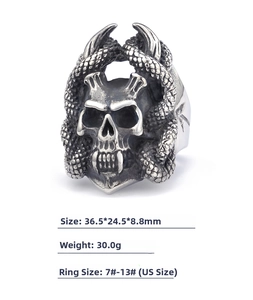 Detailed size specifications of gothic skull ring with snake wrap design for men