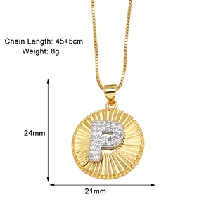 Close-up of gold-plated letter P pendant with crystals and chain dimension details