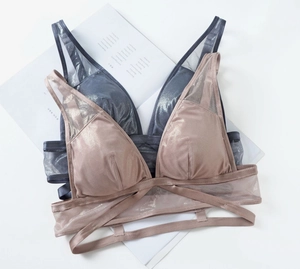 Detail of two-piece French bralettes with mesh texture and stylish crisscross straps