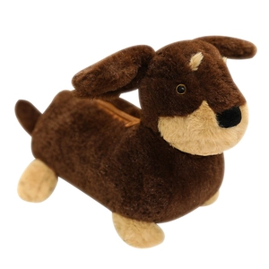 Cute plush dachshund crossbody bag with soft brown fur and smooth zipper closure
