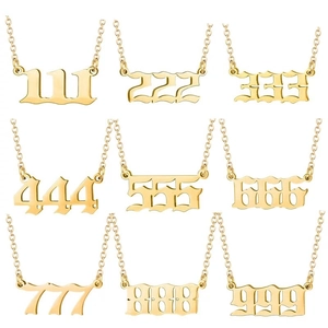 Golden stainless steel angel number necklaces 111-999 with Gothic font pendant set