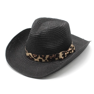 Black woven western cowboy straw hat with leopard print ribbon and bow decoration