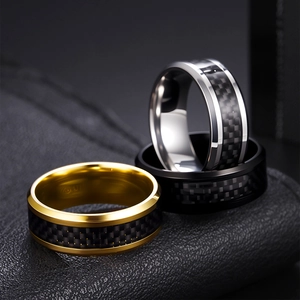 Polished stainless steel rings for men with black carbon fiber inlay in gold, silver, and black