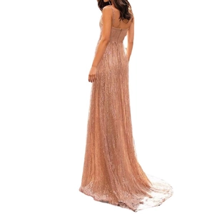 Champagne gold sequin long evening dress featuring spaghetti straps and an open back