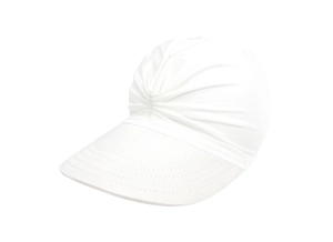 Detail view of white fabric sun hat featuring a stylish twist knot and wide brim