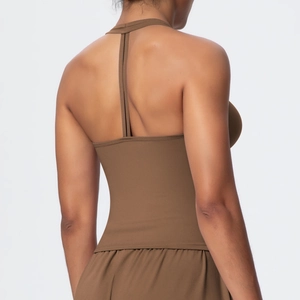 Brown halter neck sports bra with high-elastic knit fabric and V-neck racerback detail