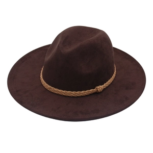 Dark brown wide brim faux suede fedora hat with light brown braided rope accessory