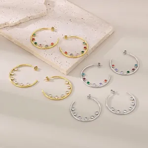 Stainless Steel Hoop Earrings C Shape Colorful Cubic Zirconia Minimalist Geometric Fashion Jewelry For Women