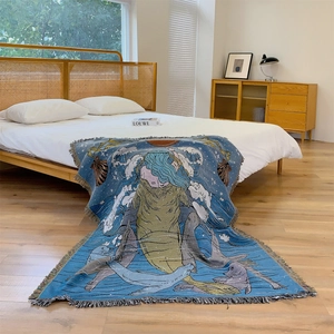 Bohemian cotton woven picnic blanket with fringe and marine ocean art illustration