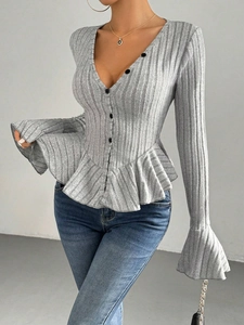 Women Ribbed Knit Top V Neck Button Down Flare Sleeve Peplum Hem Slim Fit Elegant Long Sleeve