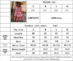 Detailed size chart for the floral V-neck bohemian rayon dress with dimensions and weights