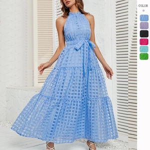 Halter Neck Maxi Dress Textured Checkered Sleeveless Tiered Ruffle Hem Self Tie Belt Summer Vacation For Women