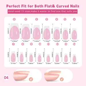 Size guide for French press-on nails featuring 15 dimensions for flat and curved nail fits