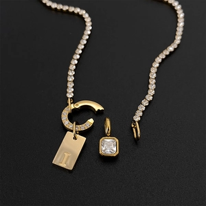 14K gold plated titanium steel tennis chain necklace with letter I and square rhinestone pendants