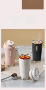 Overhead view of insulated coffee mugs with direct drinking lids and carrying straps